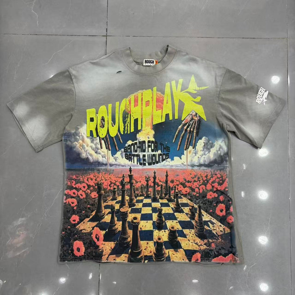 Roughplay Chessboard Poppy Field Skeleton Hands Surreal Distressed Tee