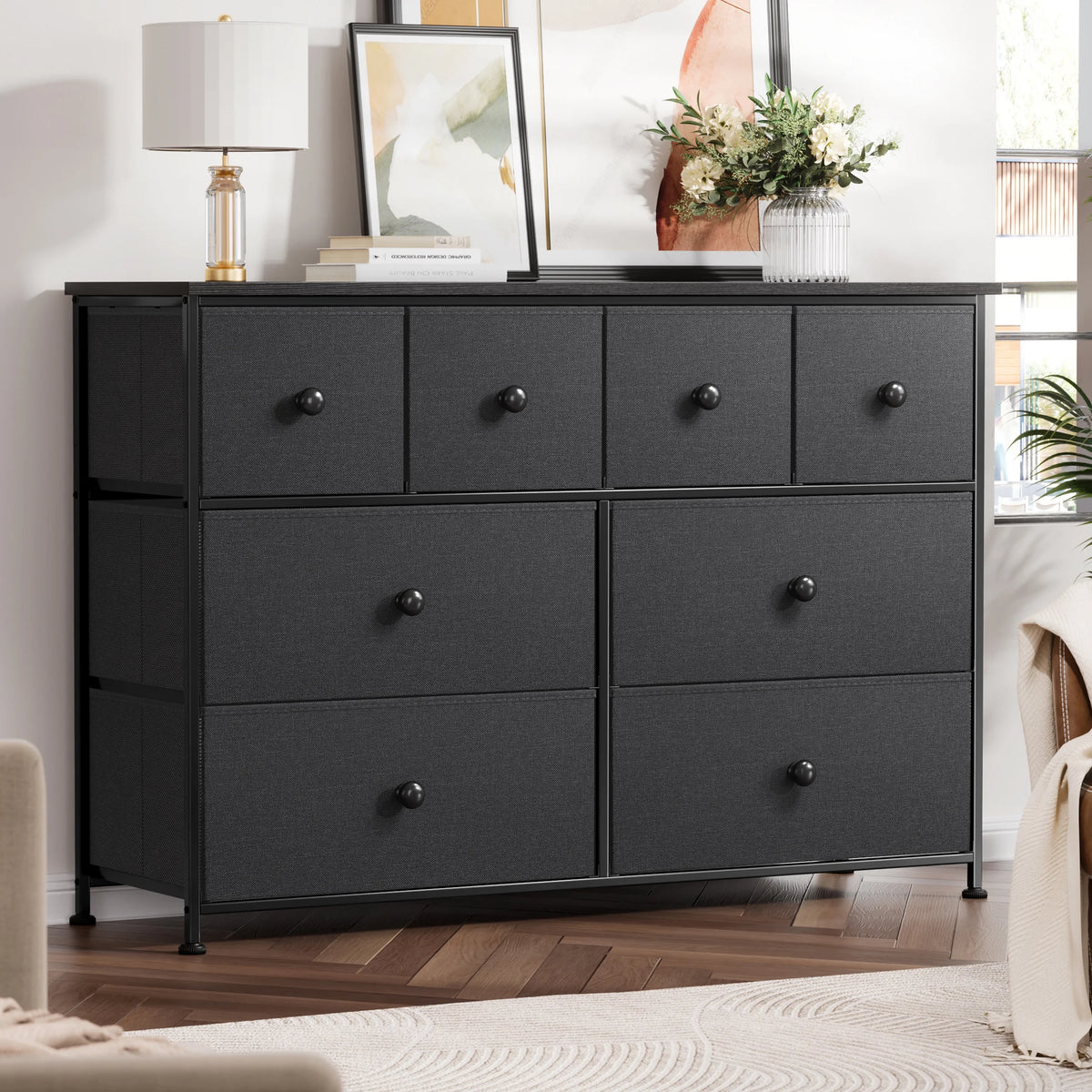8 Drawer Fabric Dresser with Steel Frame and Wooden Top J210