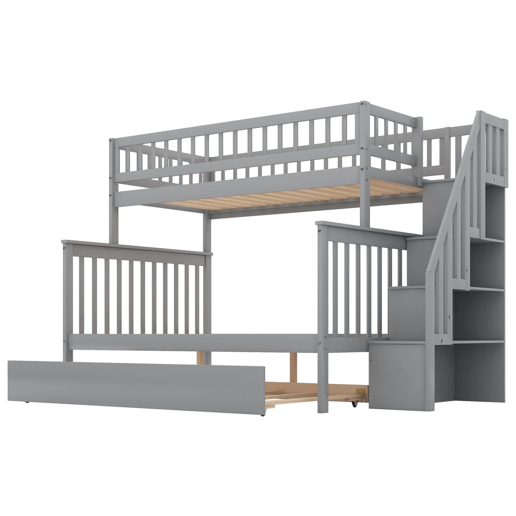 Twin over Full Bunk Bed with Trundle and Staircase, Gray Solid Wood H4270