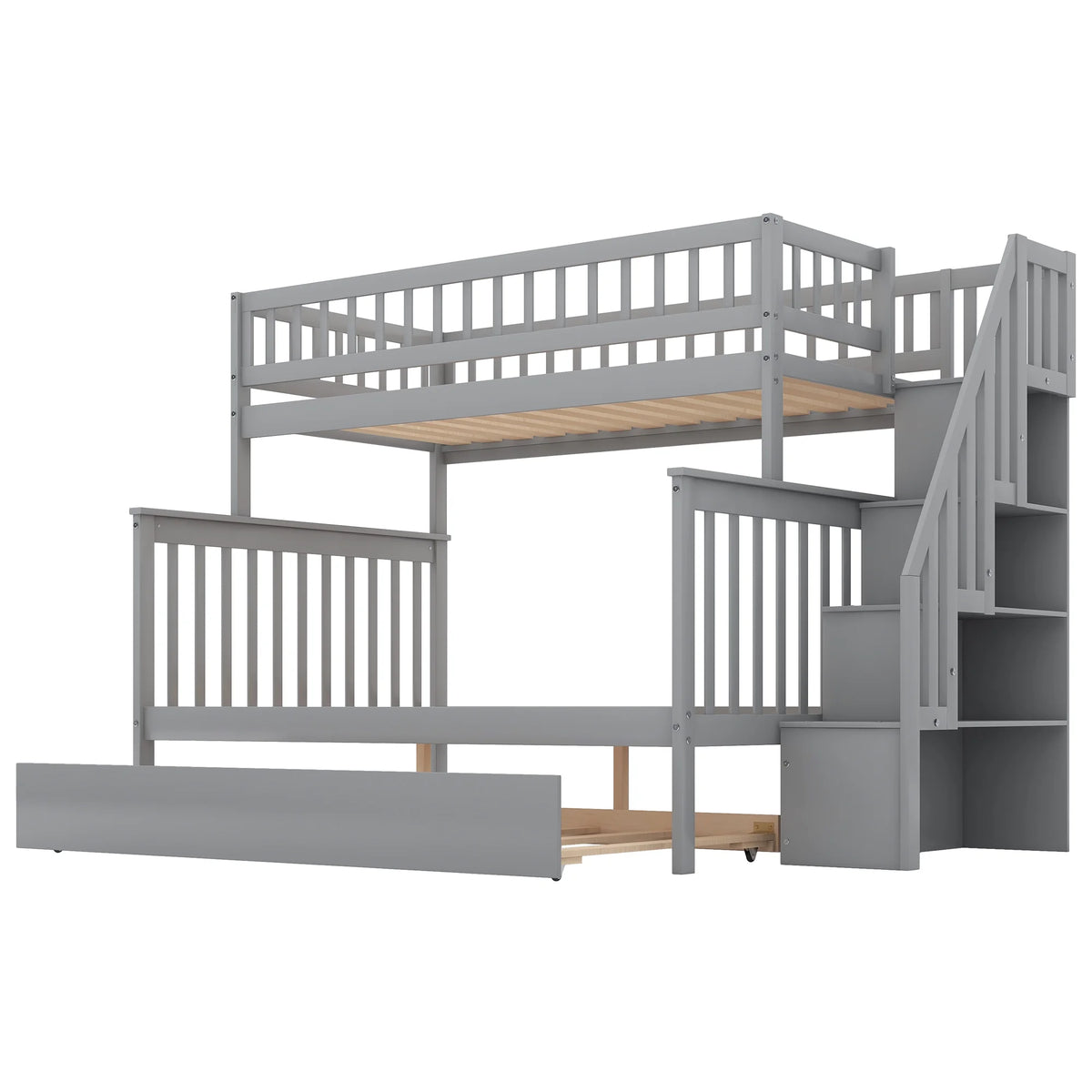 Twin over Full Bunk Bed with Trundle and Staircase, Gray Solid Wood H4270