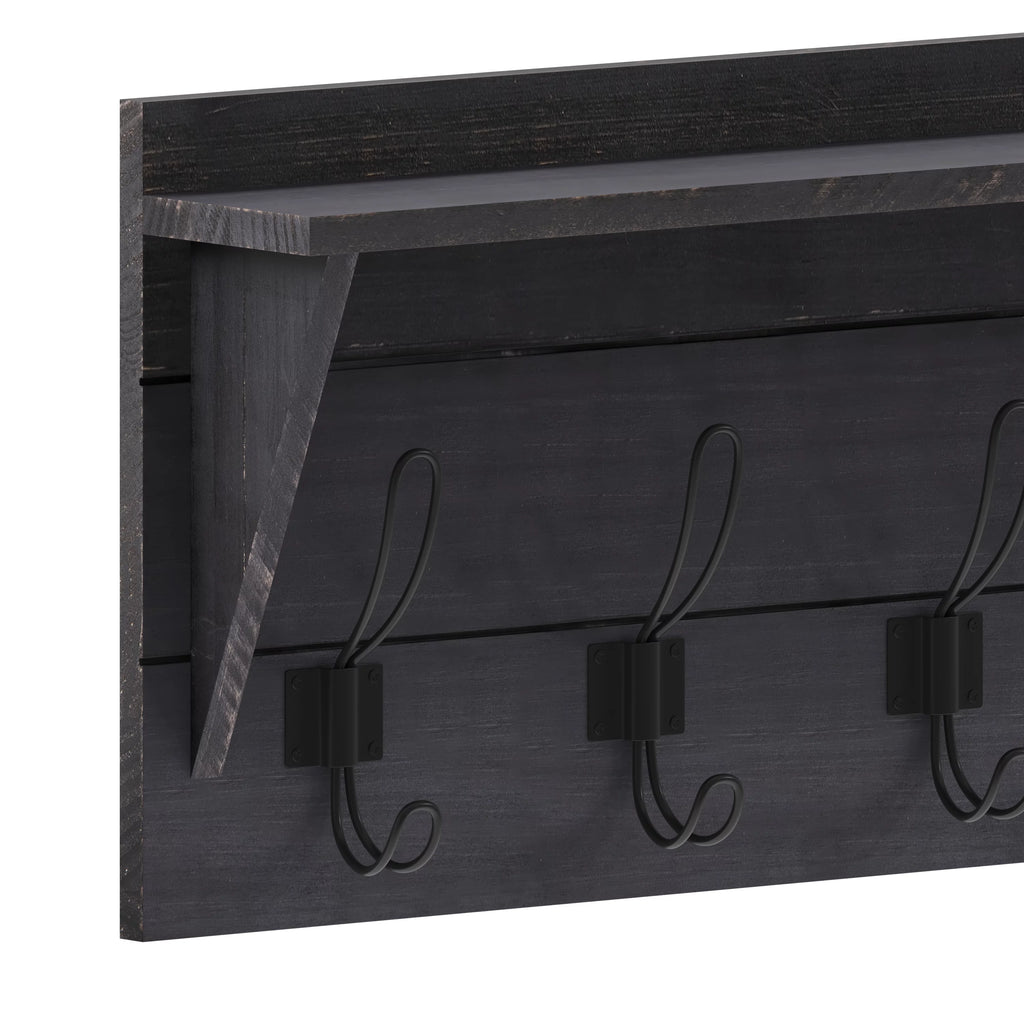 24 Inch Solid Pine Wood Wall Mounted Storage Rack with Shelf and 5 Hooks Z4708