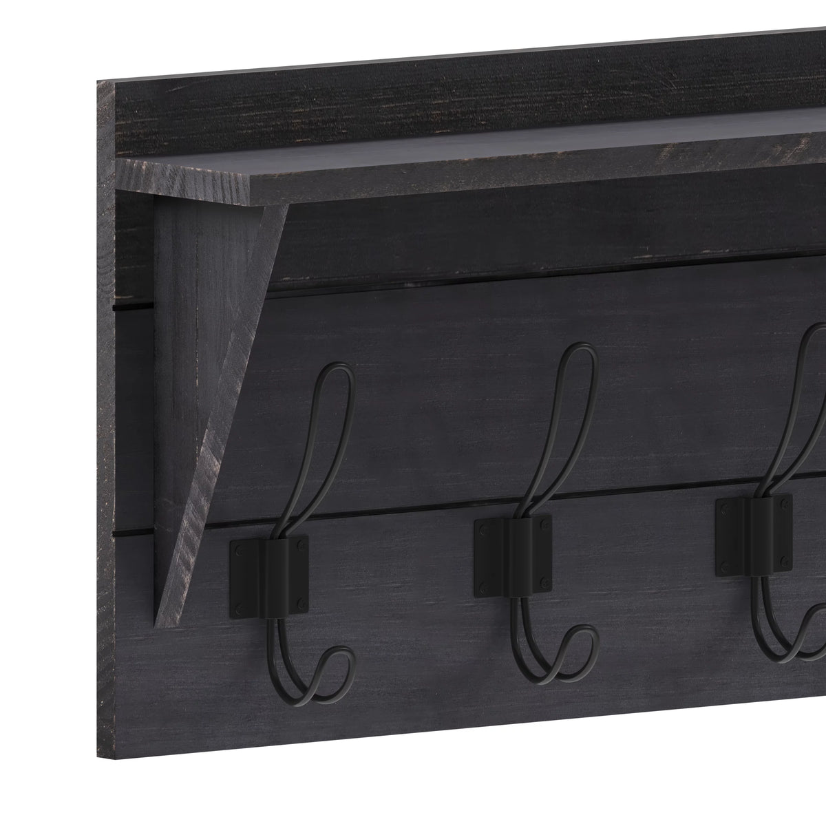 24 Inch Solid Pine Wood Wall Mounted Storage Rack with Shelf and 5 Hooks Z4708