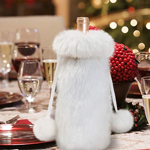 White Faux Fur Drawstring Wine Bottle Cover Bag M6018