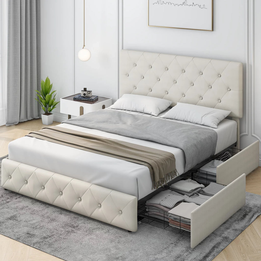 Queen Size Light Grey Upholstered Platform Bed with 4 Storage Drawers Y9224