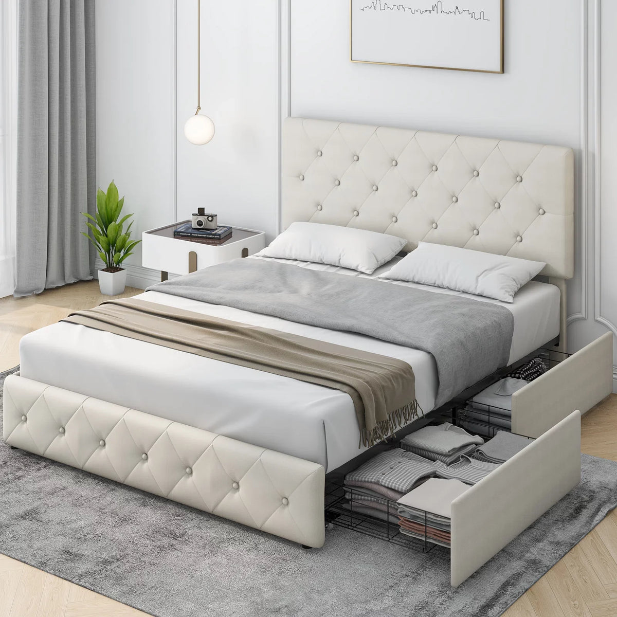 Queen Size Light Grey Upholstered Platform Bed with 4 Storage Drawers Y9224