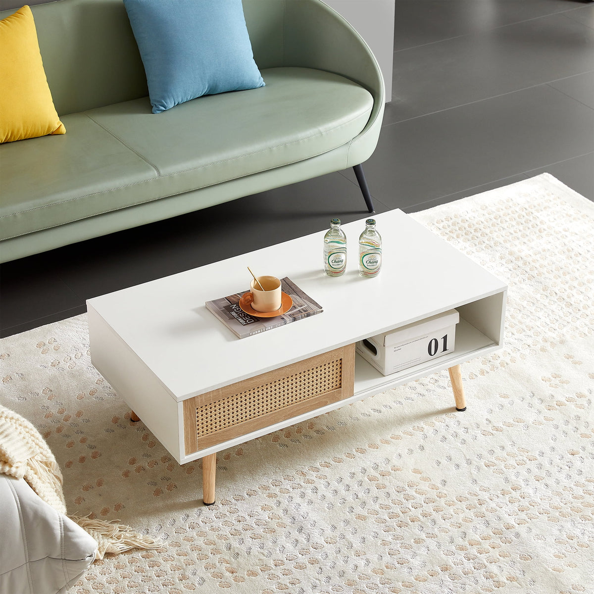 41.34" Rattan Coffee Table with Sliding Door Storage U2910