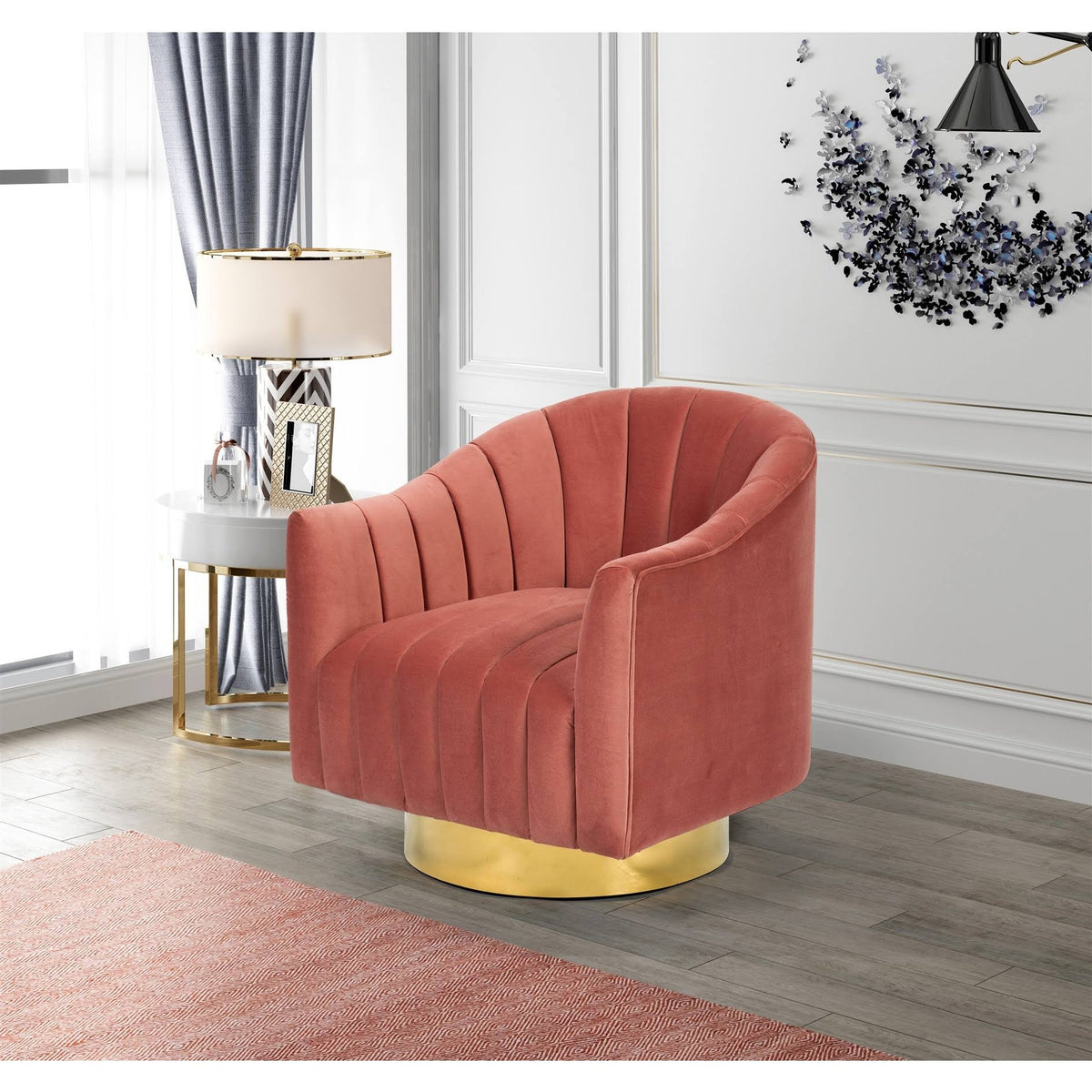 Velvet Upholstered Swivel Barrel Chair with Gold Base T57407