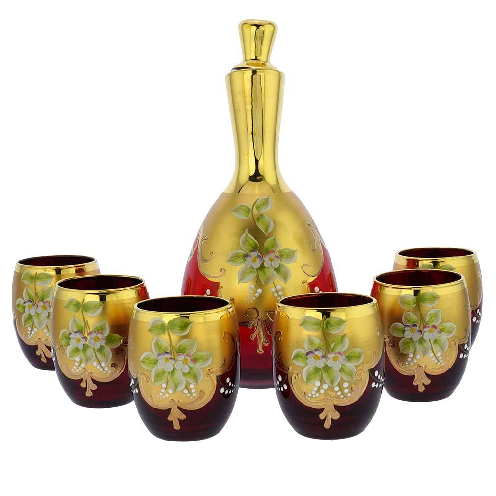 Murano Glass Decanter Set with 6 Wine Glasses 24K Gold Red E999350