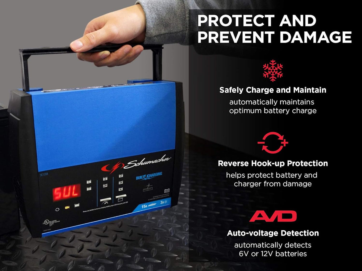 Fully Automatic 15 Amp 3 Amp 6V 12V Battery Charger Maintainer and Auto Desulfator M13266