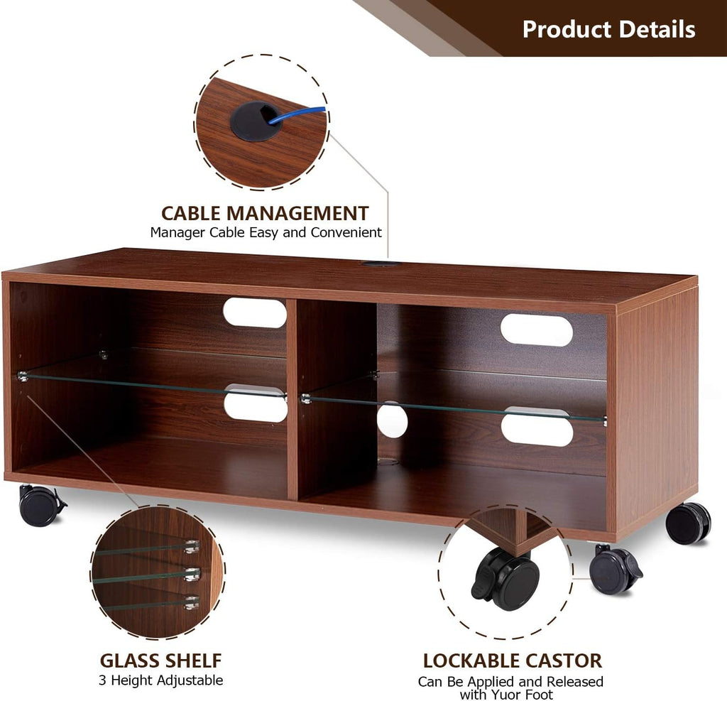 Rolling Wood Corner TV Console Stand with Wheels and Cabinets for up to 60 inch TVs, Walnut G9304