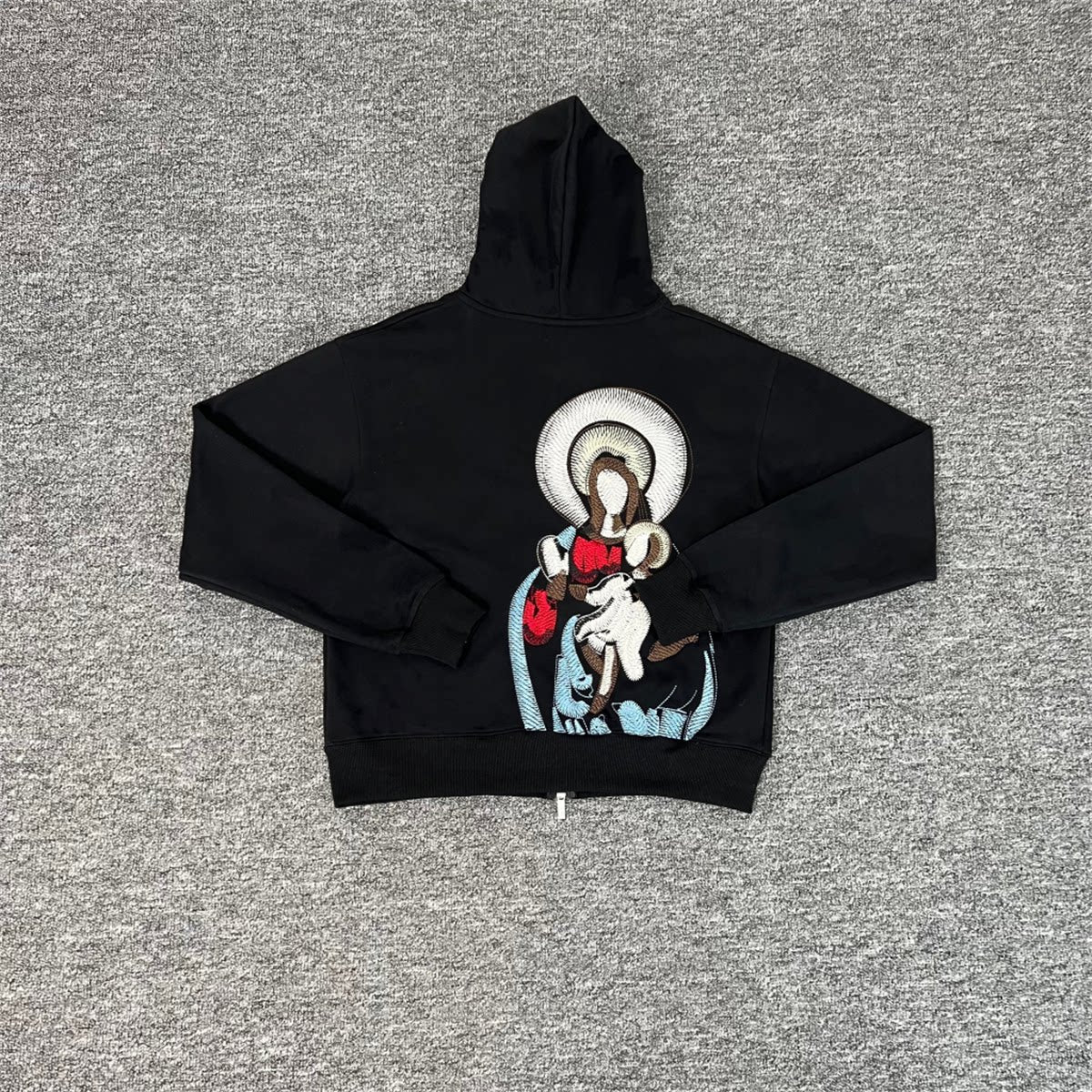 Derschutze Black Full‑Zip Hoodie Large Back Religious Figure Embroidery