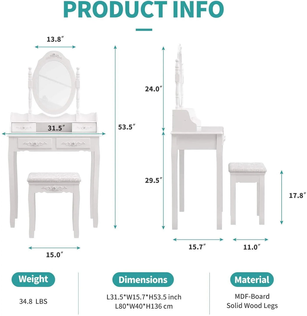 White Dressing Table and Stool Set with 4 Drawers & Mirror R22744