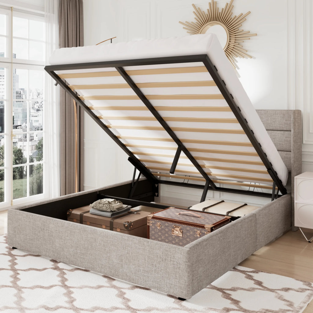 Queen Size Lift Up Platform Storage Bed Frame with Wingback Headboard Light Beige N322