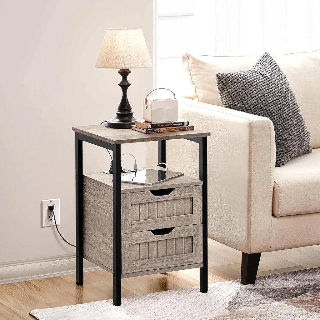 Gray Nightstand with Charging Station and Storage Drawers M7447