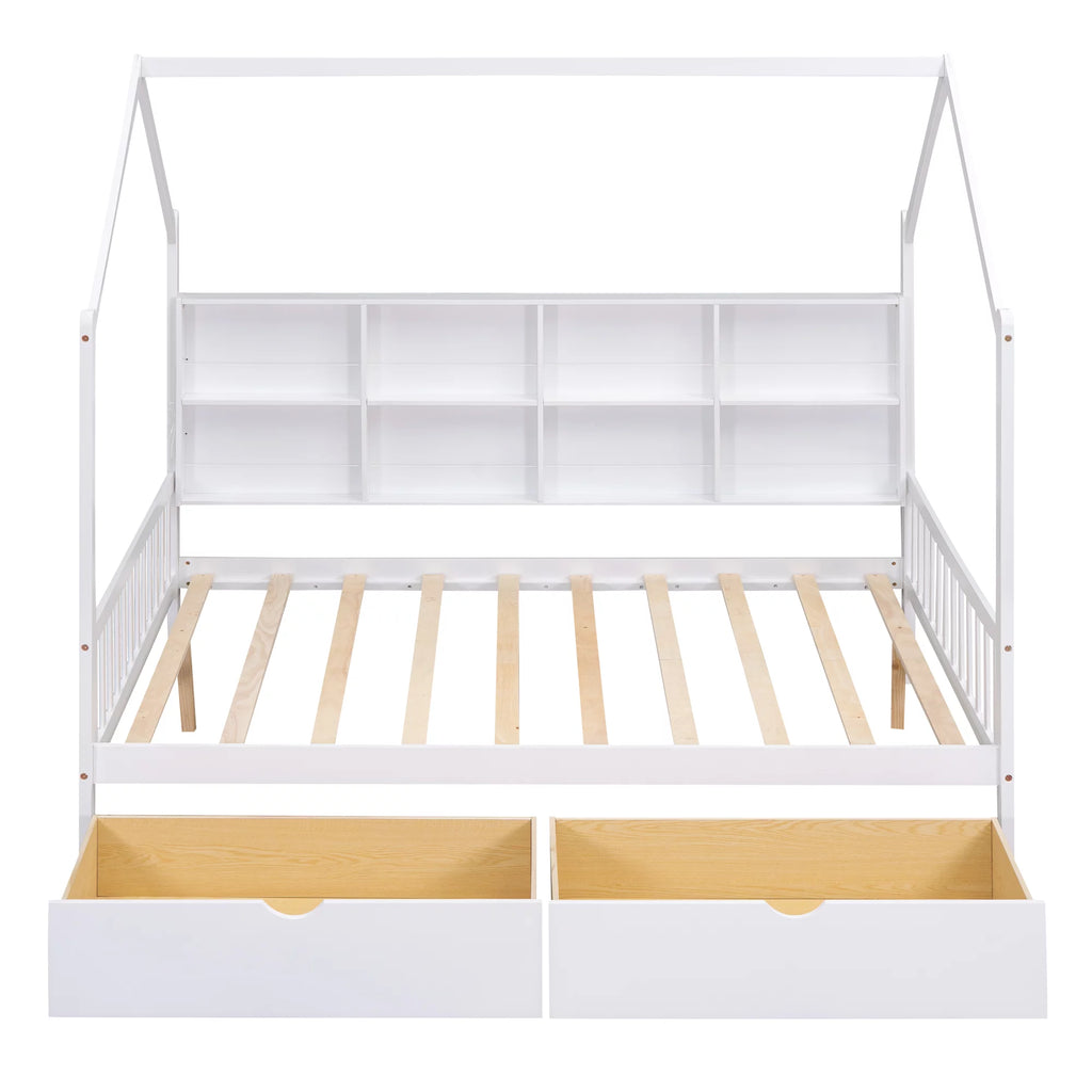 White Wood Full House Bed with Storage Drawers and Shelves R8030