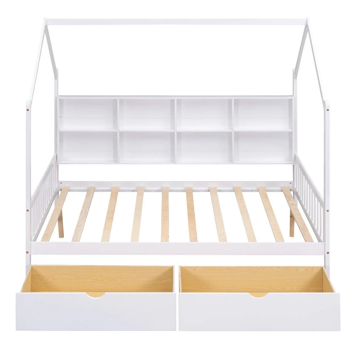 White Wood Full House Bed with Storage Drawers and Shelves R8030