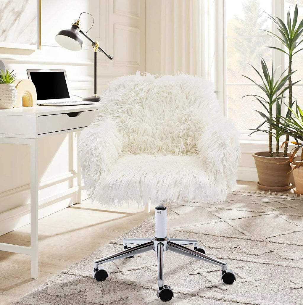 White Faux Fur Upholstered Swivel Vanity Chair K277