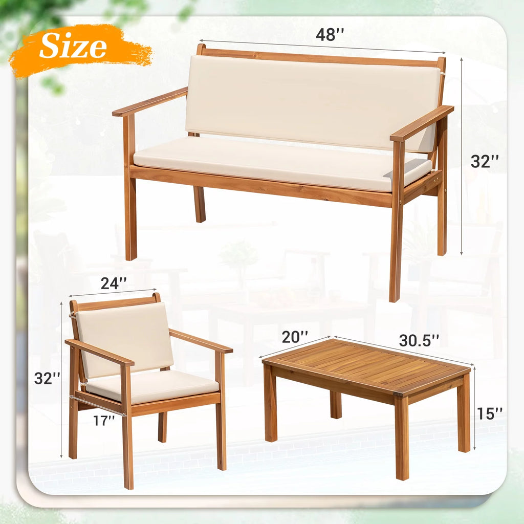 3 Pieces Acacia Patio Conversation Set with Cushions and Side Table T2283