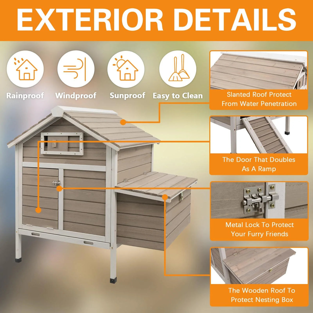 Grey Wooden Chicken Coop with Nesting Box and Ramp P539633