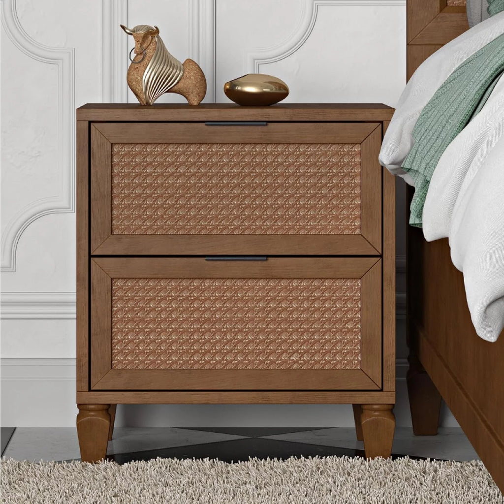 Walnut Rattan 2-Drawer Nightstand I64561