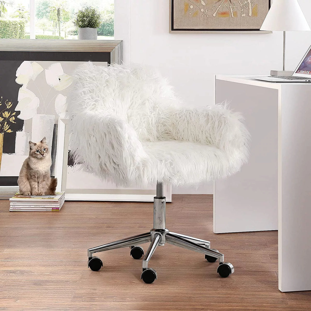 White Faux Fur Upholstered Swivel Vanity Chair K277