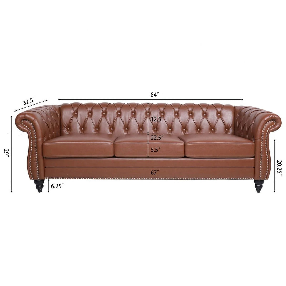 Brown PU Rolled Arm Chesterfield Three Seater Sofa L358710