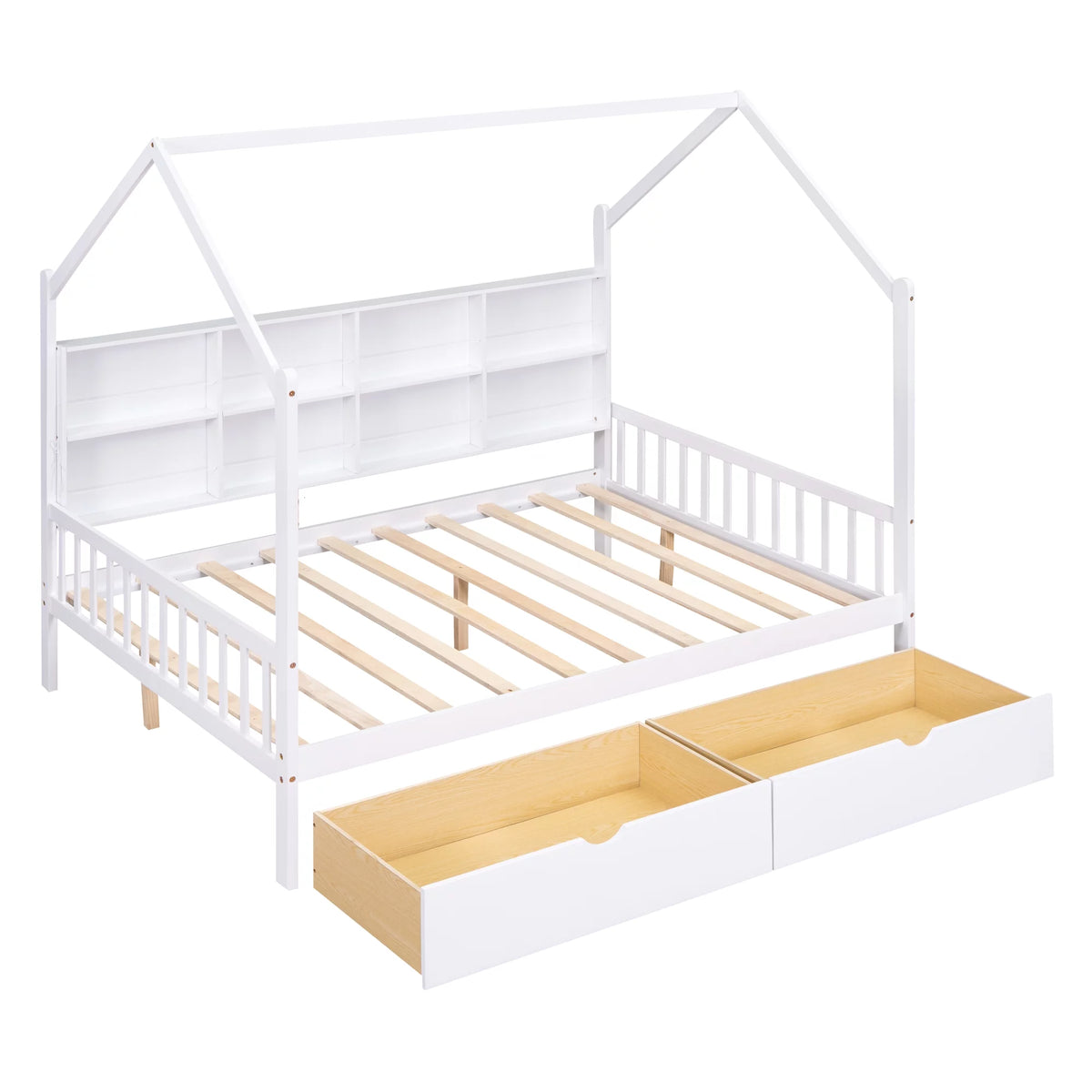 White Wood Full House Bed with Storage Drawers and Shelves R8030