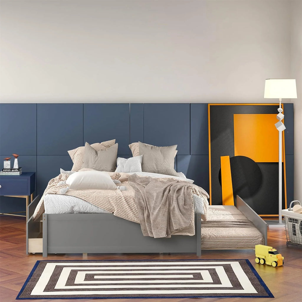 Full Size Wood Platform Bed with Trundle and 2 Drawers T661142