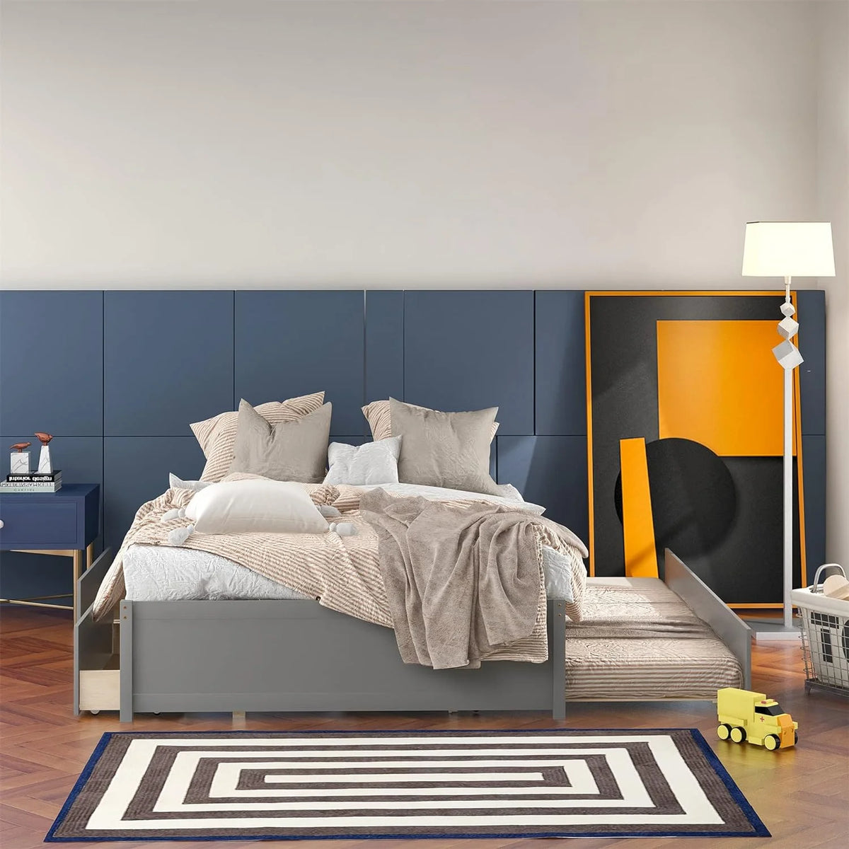 Full Size Wood Platform Bed with Trundle and 2 Drawers T661142