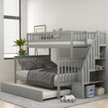Twin over Full Bunk Bed with Trundle and Staircase, Gray Solid Wood H4270