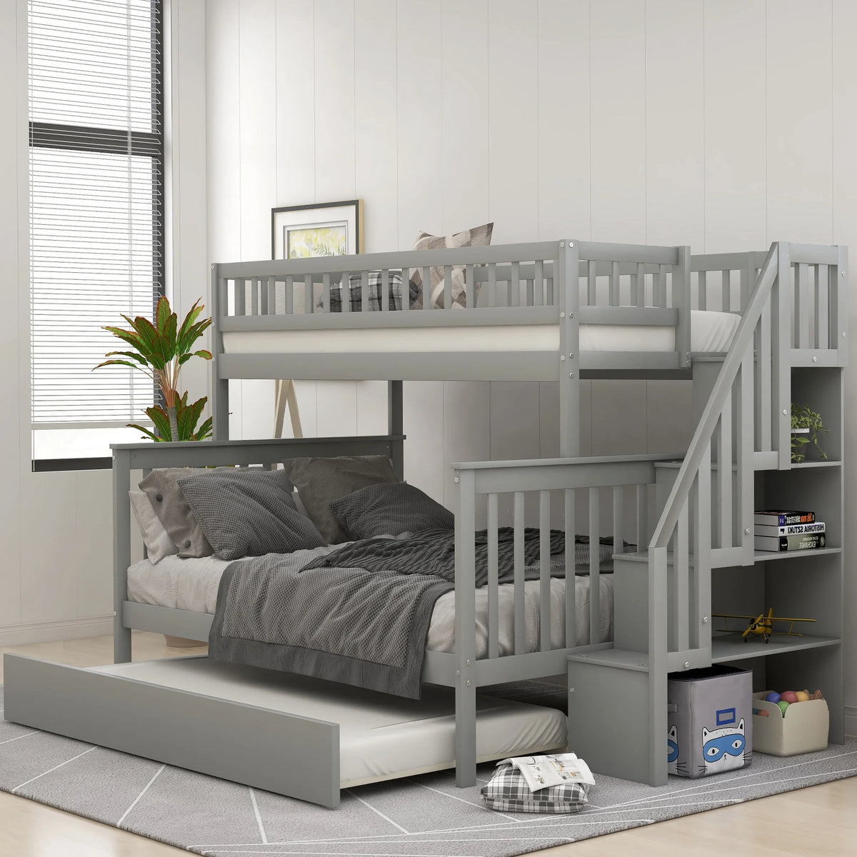 Twin over Full Bunk Bed with Trundle and Staircase, Gray Solid Wood H4270
