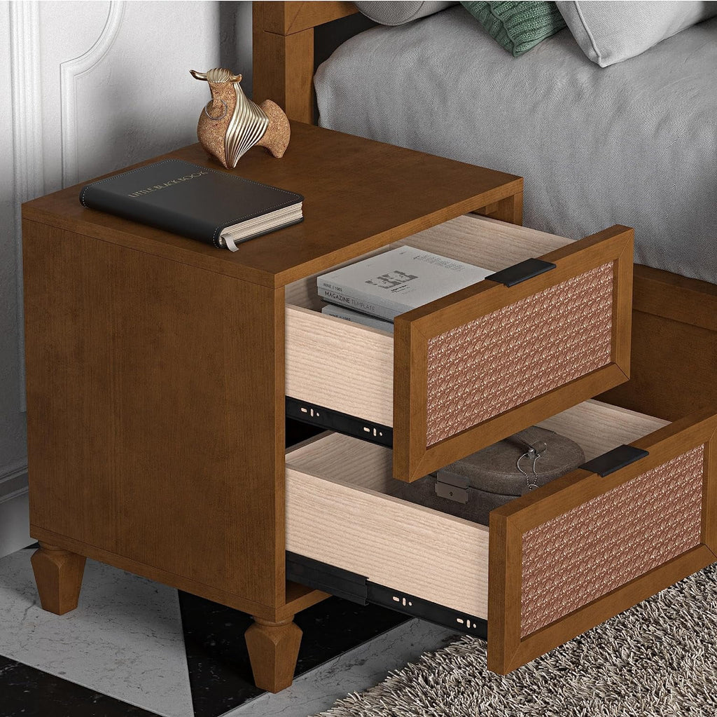 Walnut Rattan 2-Drawer Nightstand I64561