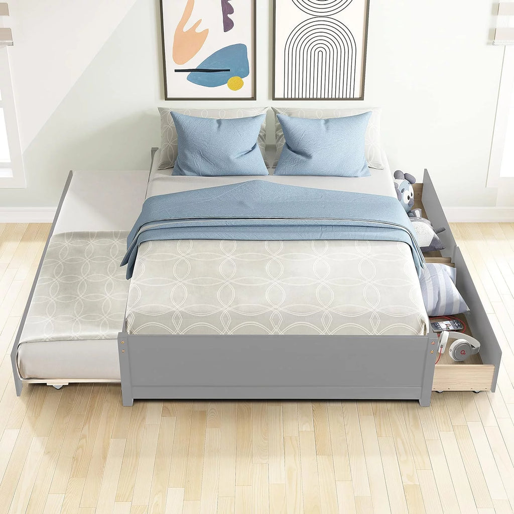 Full Size Wood Platform Bed with Trundle and 2 Drawers T661142