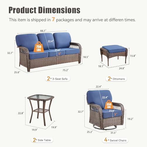 7 Pieces Wicker Outdoor Furniture Set with Swivel Chairs and Ottomans L180