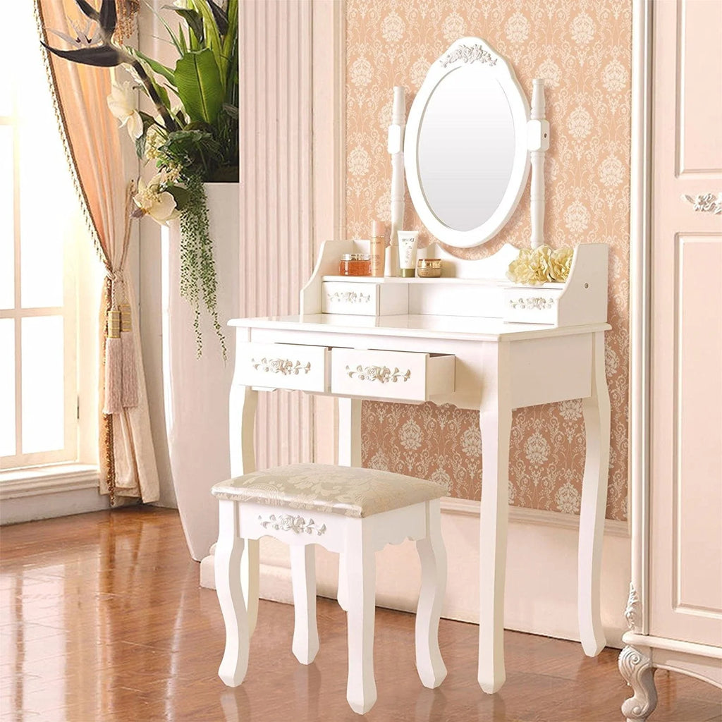 White Dressing Table and Stool Set with 4 Drawers & Mirror R22744