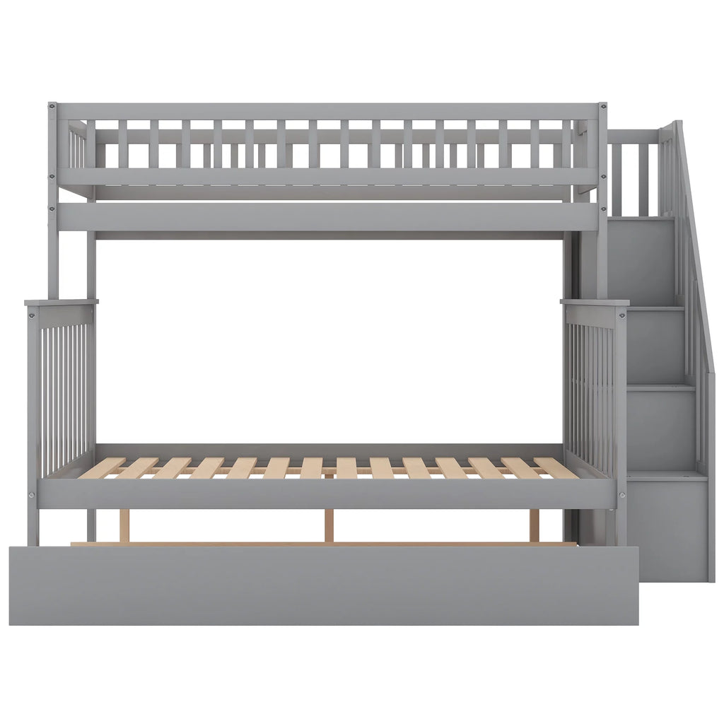 Twin over Full Bunk Bed with Trundle and Staircase, Gray Solid Wood H4270