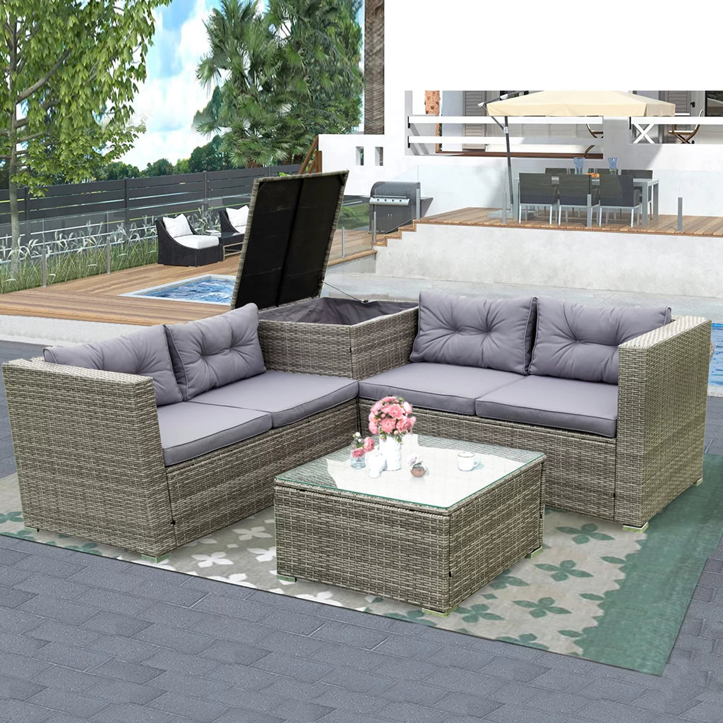 4 Pieces All Weather Wicker Rattan Patio Sectional Sofa Set with Storage Box & Ottoman, Gray G5783