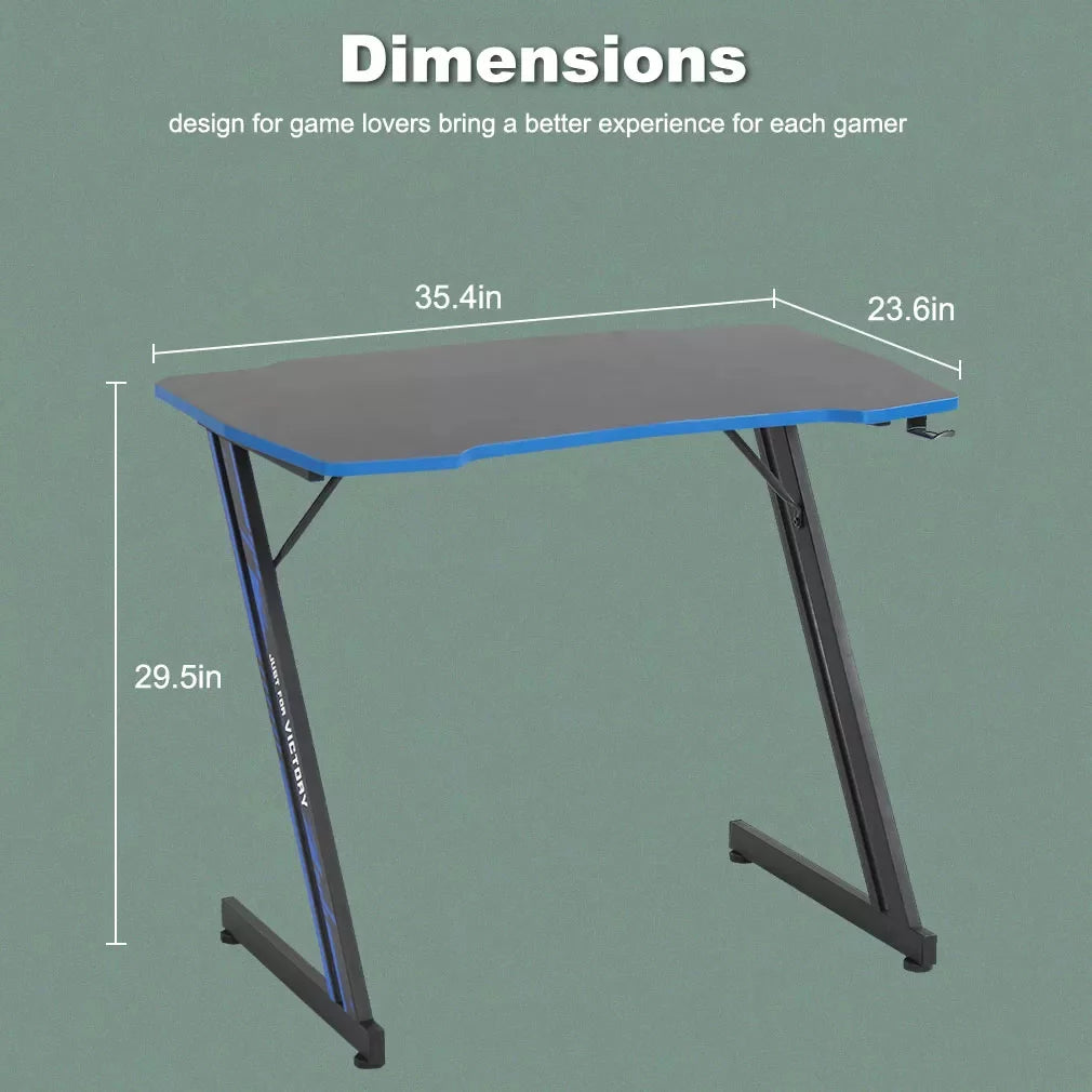 Blue Z Shaped Gaming Desk with Headphone Hook U6656