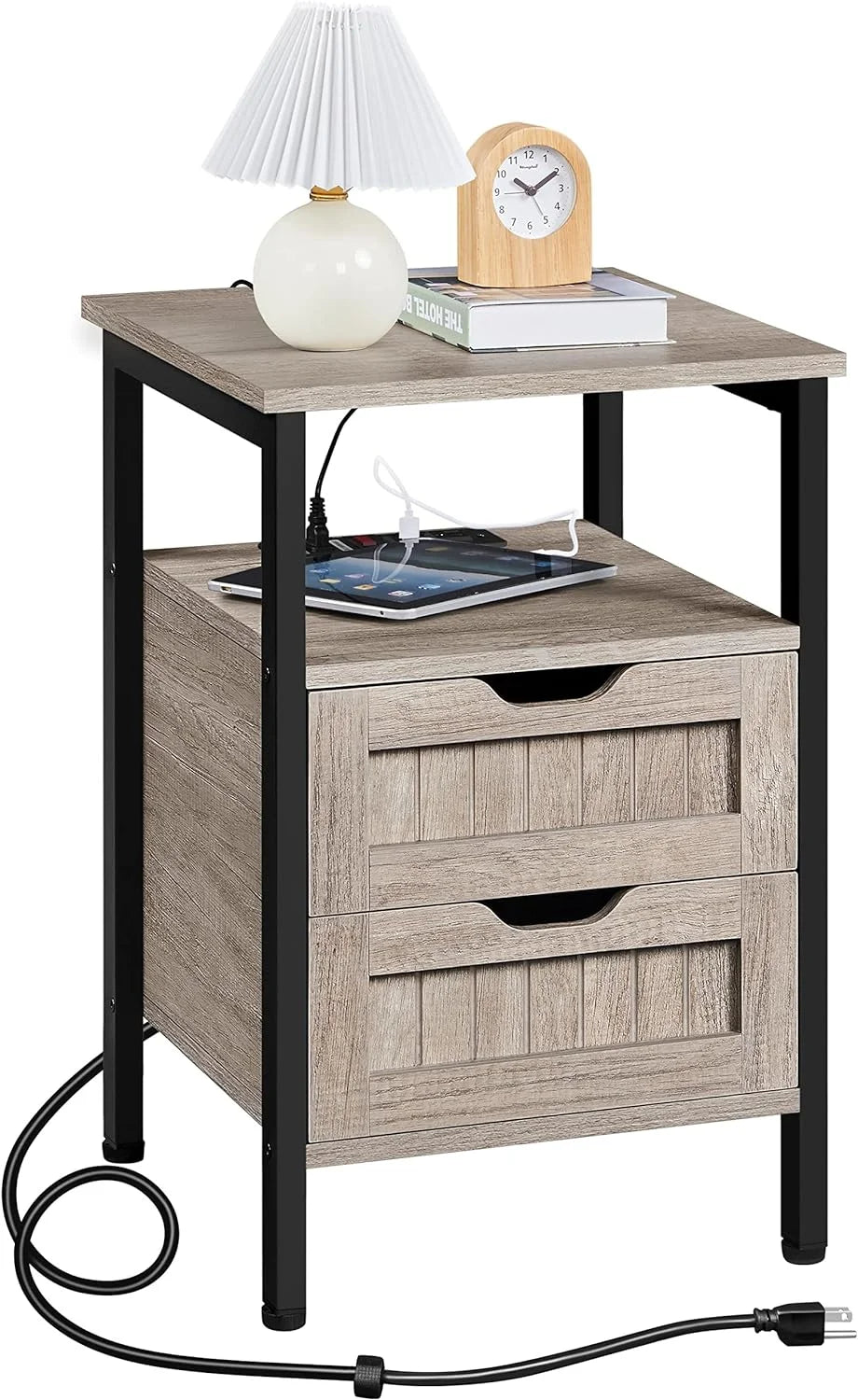 Gray Nightstand with Charging Station and Storage Drawers M7447