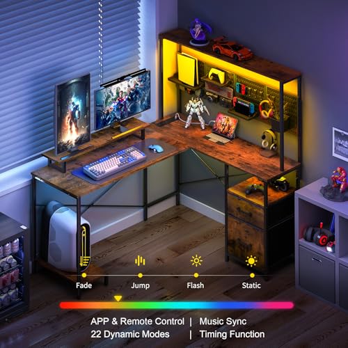 L Shaped Gaming Desk with LED Lights & Power Outlets R612