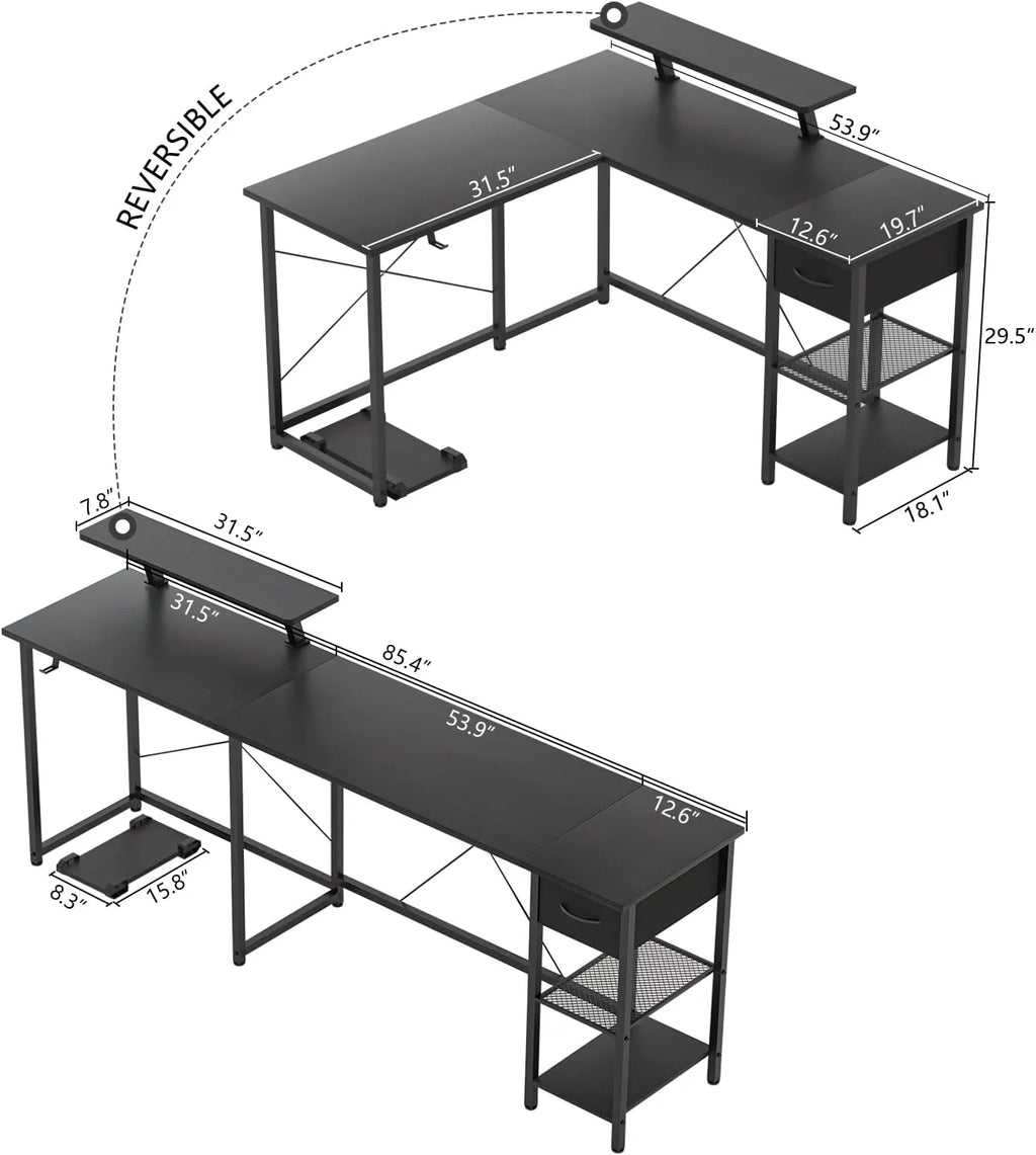 L Shaped Corner Computer Desk with Shelves and Monitor Stand Black O919441