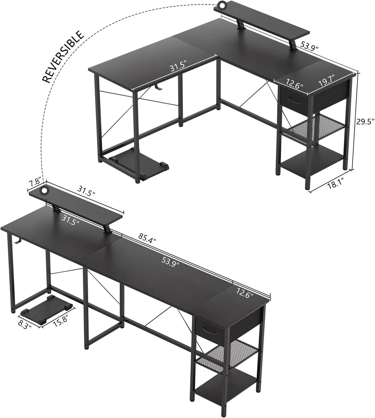 L Shaped Corner Computer Desk with Shelves and Monitor Stand Black O919441