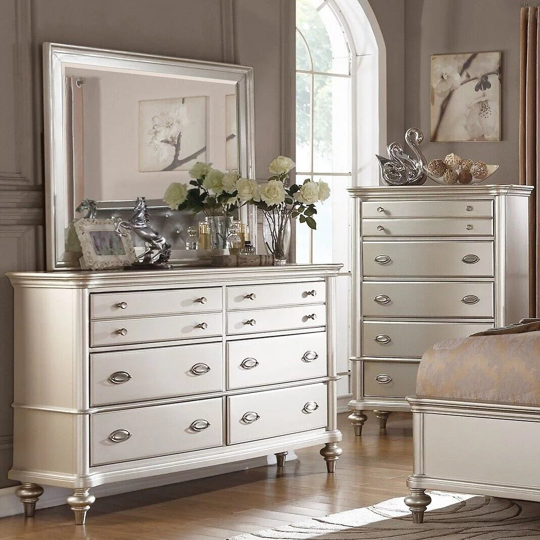 California King Size 4pc Bed Set Faux Leather Tufted Headboard Dresser Mirror Nightstand V4784