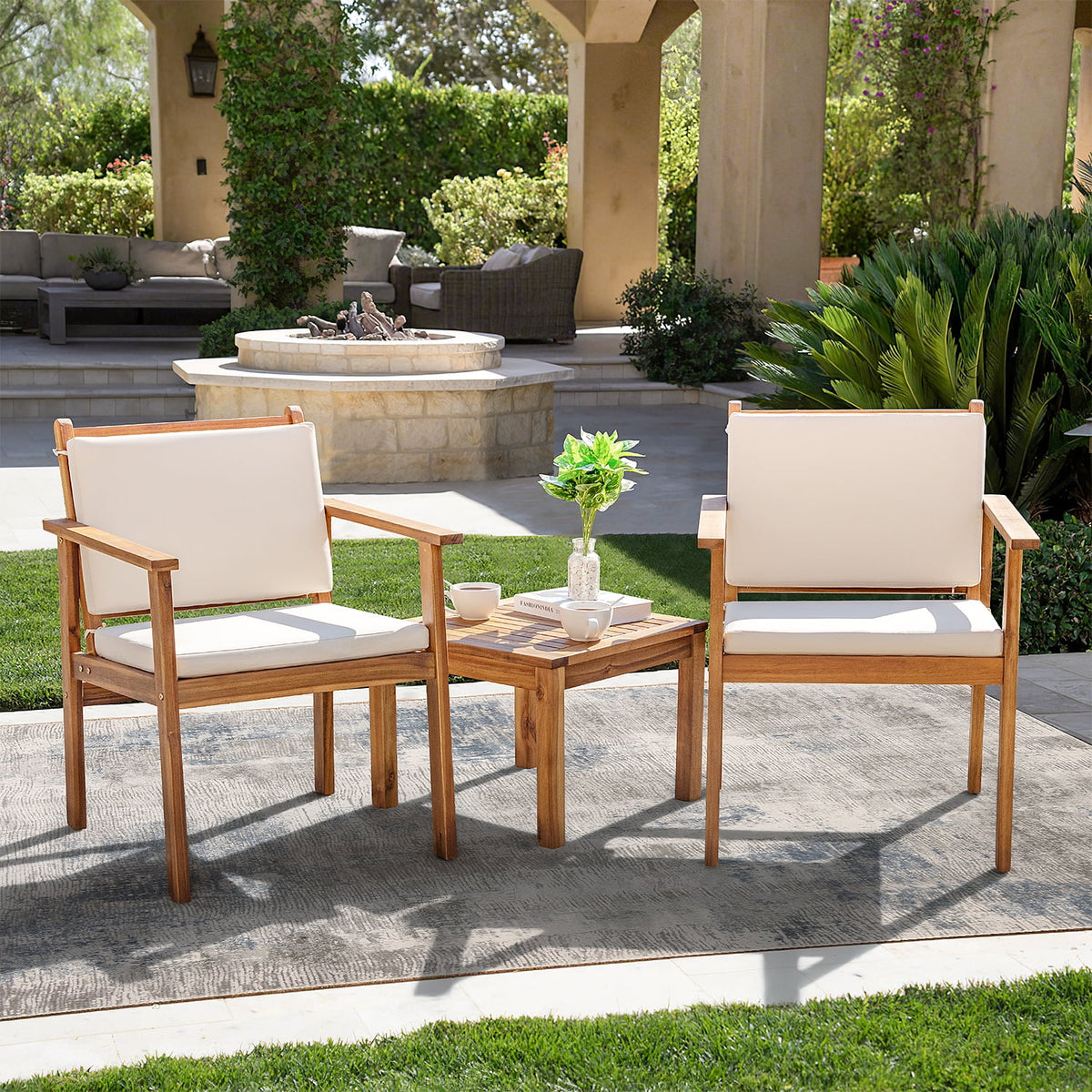 3 Pieces Acacia Patio Conversation Set with Cushions and Side Table T2283