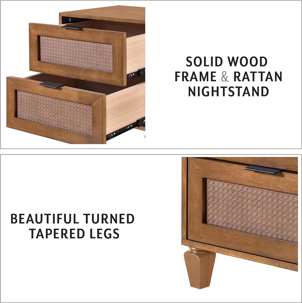 Walnut Rattan 2-Drawer Nightstand I64561