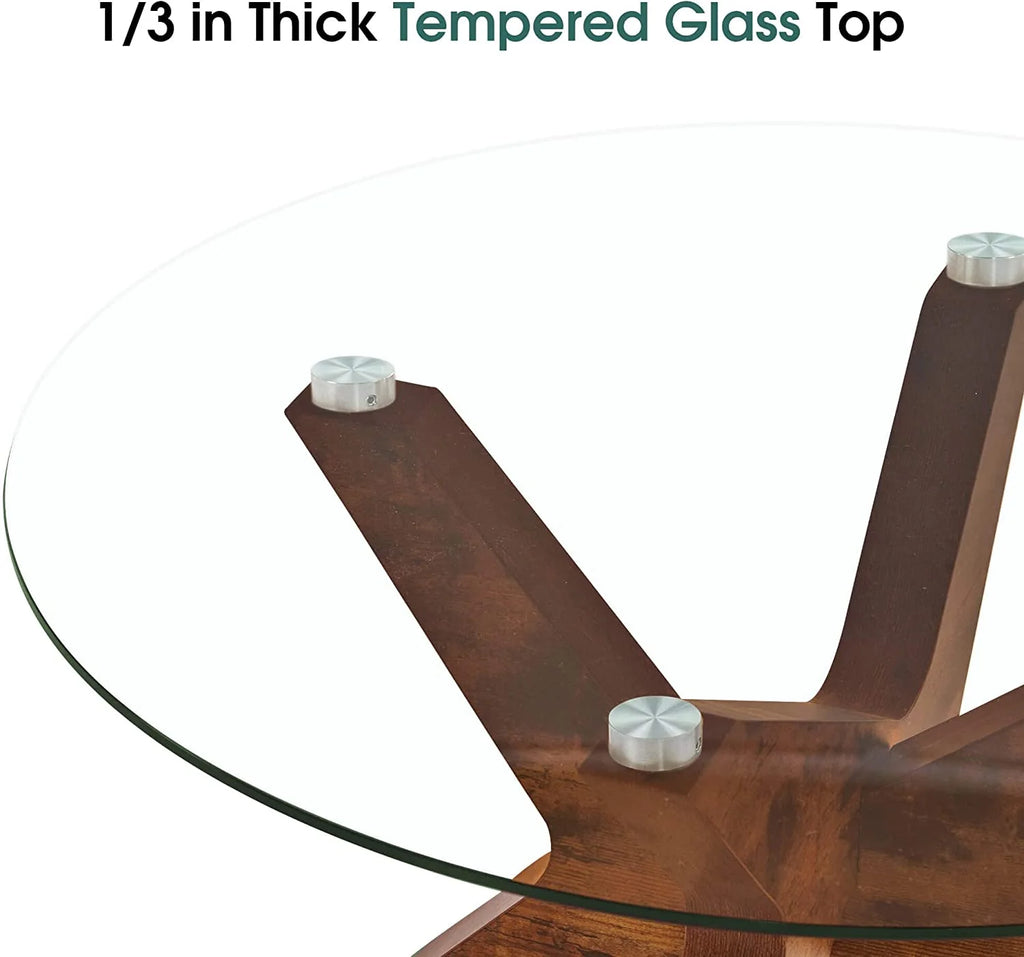 Round Glass Coffee Table with Wood Frame and Tempered Glass Top C256