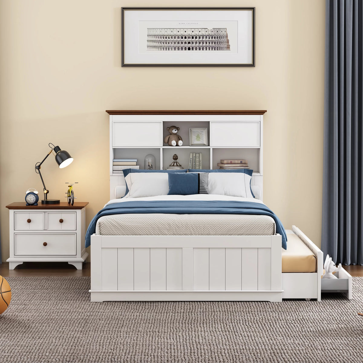 Full Wooden Bedroom Set with Trundle and 2-Drawer Nightstand Y697