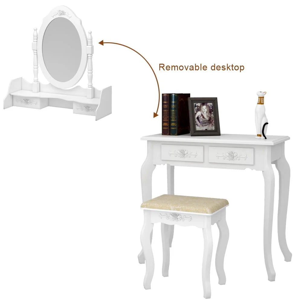 White Dressing Table and Stool Set with 4 Drawers & Mirror R22744