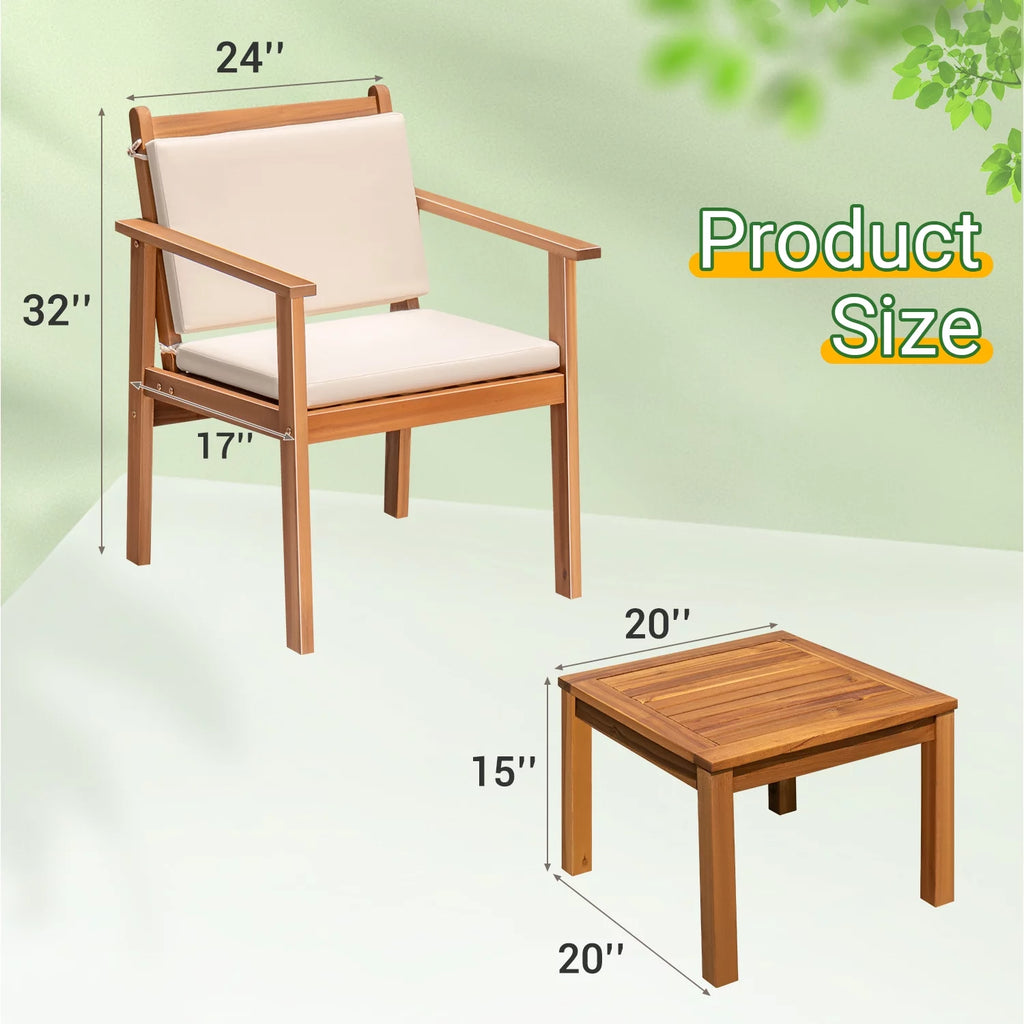 3 Pieces Acacia Patio Conversation Set with Cushions and Side Table T2283