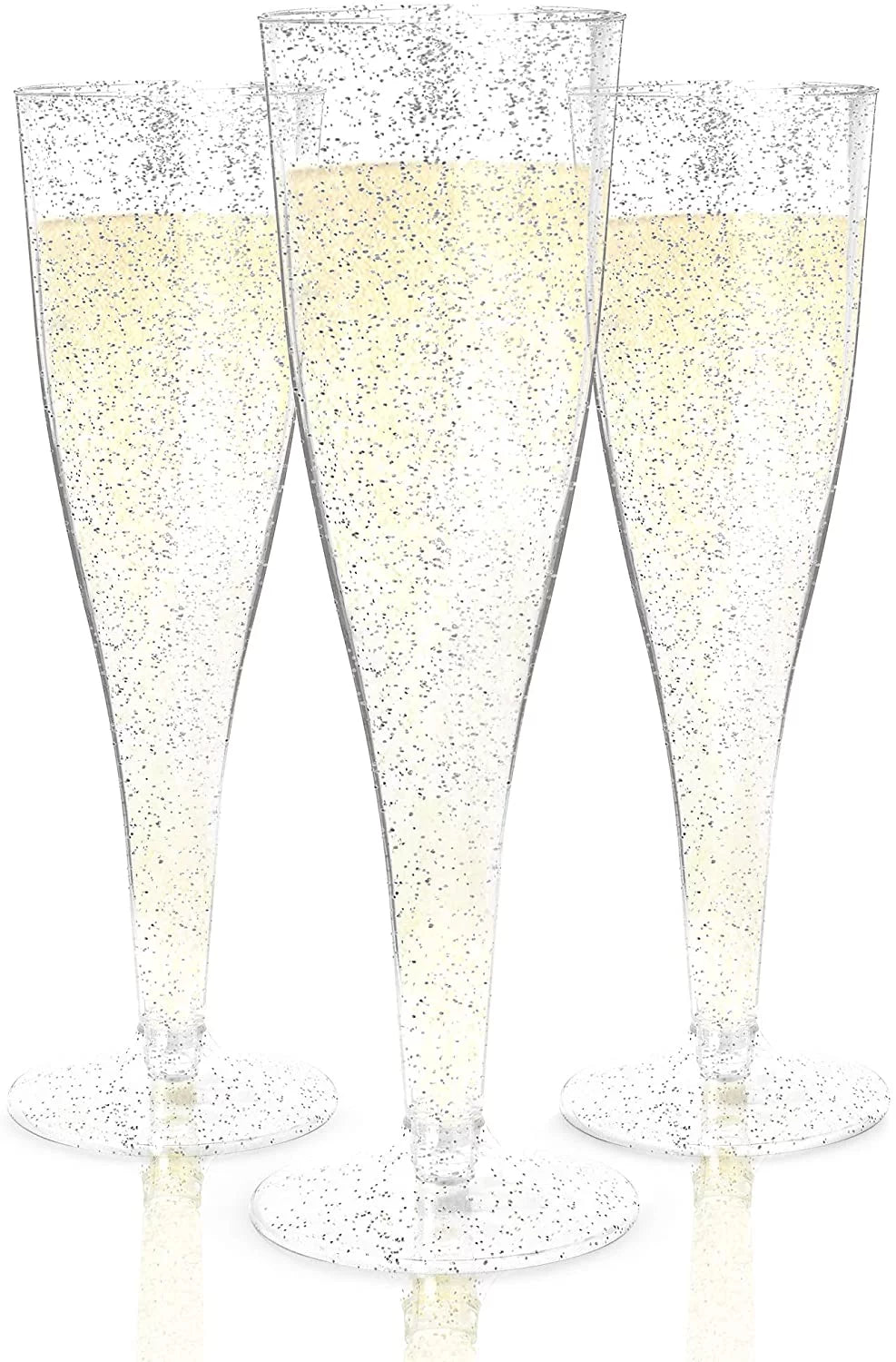 100 Pack Silver Glitter Plastic Champagne Flutes F323